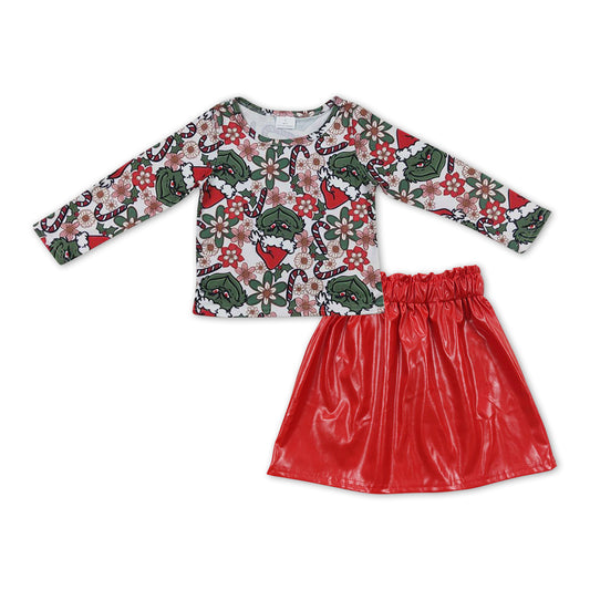 Green face floral top red skirt girls Christmas outfits