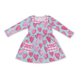 Pink plaid pocket heart long sleeves girls Valenitne's dress