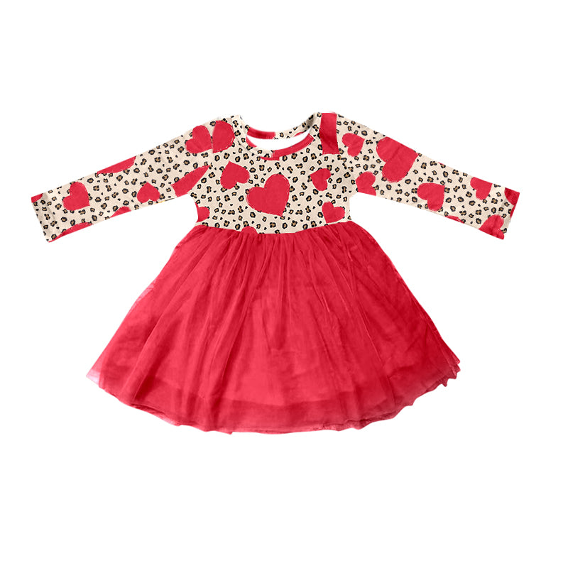 Heart leopard long sleeves tulle girls Valentine's dress