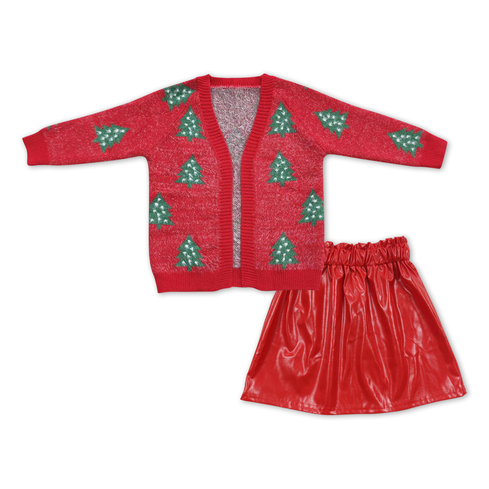 Red Christmas tree sweater leather skirt girls outfits