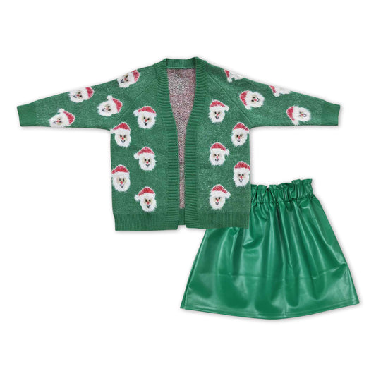 Green santa sweater leather skirt girls Christmas outfits