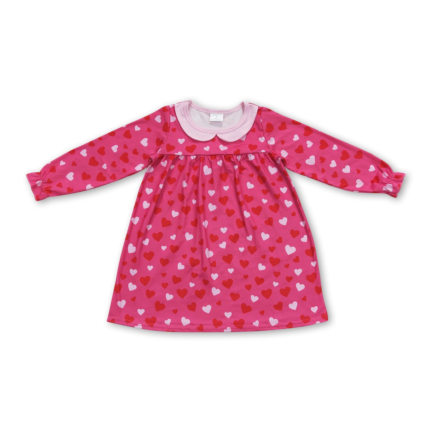 Long sleeves hot pink heart girls valentines dress