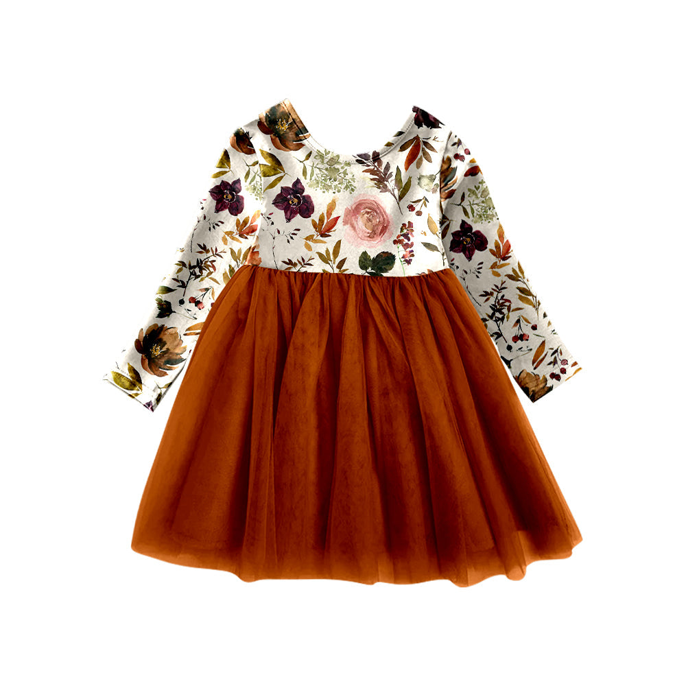 Long sleeves brown floral girls fall tulle dresses
