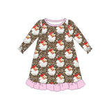 Long sleeves leopard santa pink girls Christmas night gown