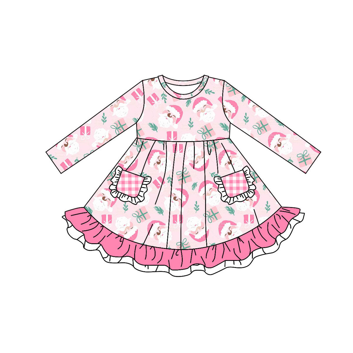 Long sleeves pink santa gift girls Christmas dresses