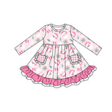 Long sleeves pink santa gift girls Christmas dresses