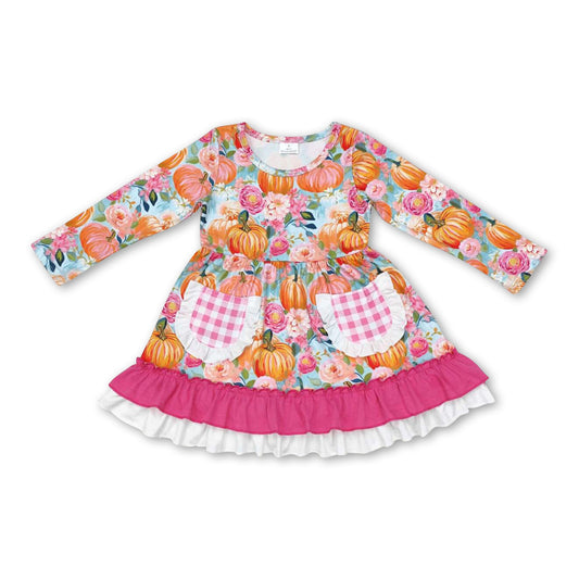 Long sleeves pink pumpkin ruffle girls fall dresses