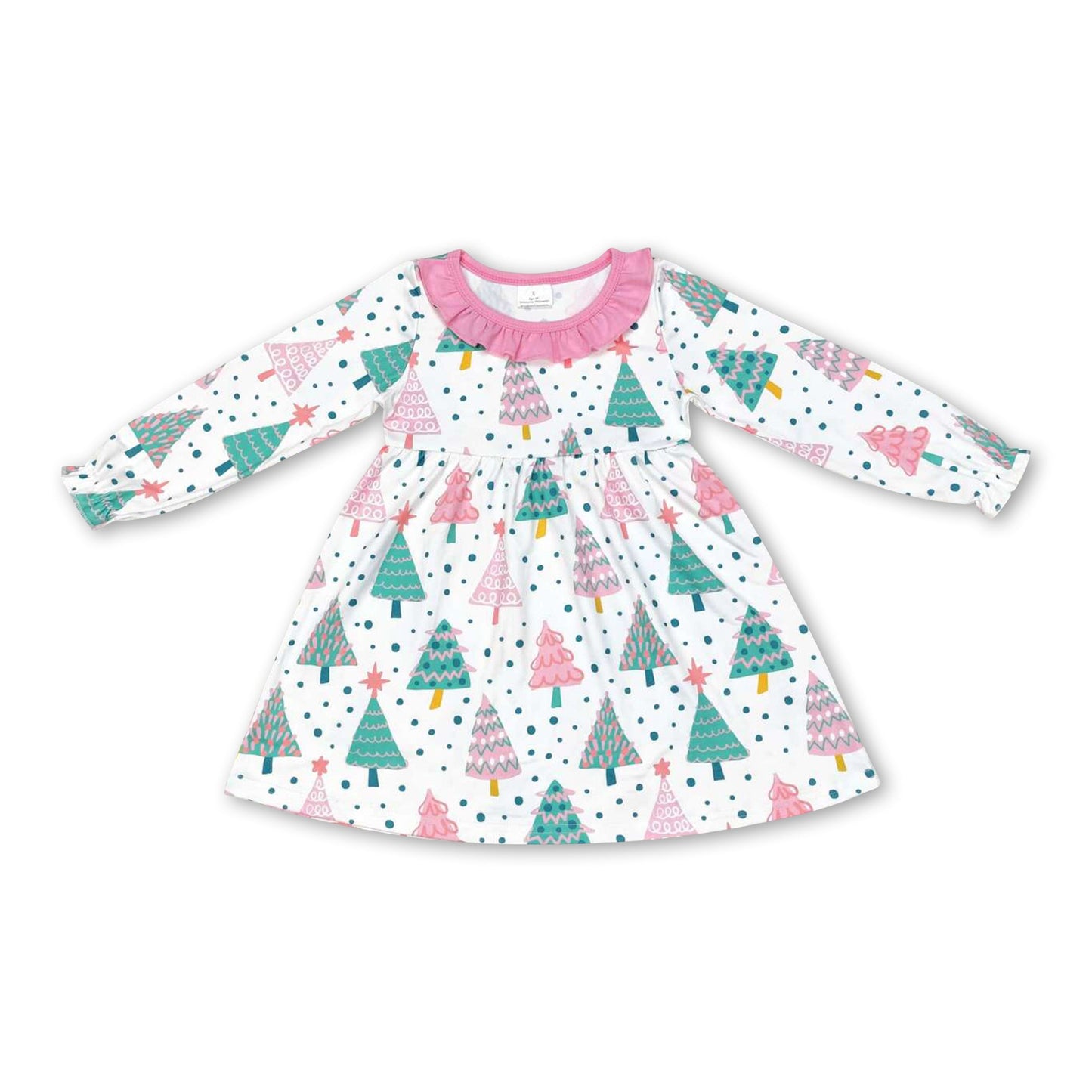 Long sleeves pink Christmas tree girls dresses