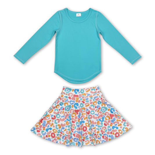 Long sleeves cotton top leopard skirt girls active wear clothing