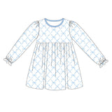 Long sleeves light blue bow kids girls dresses