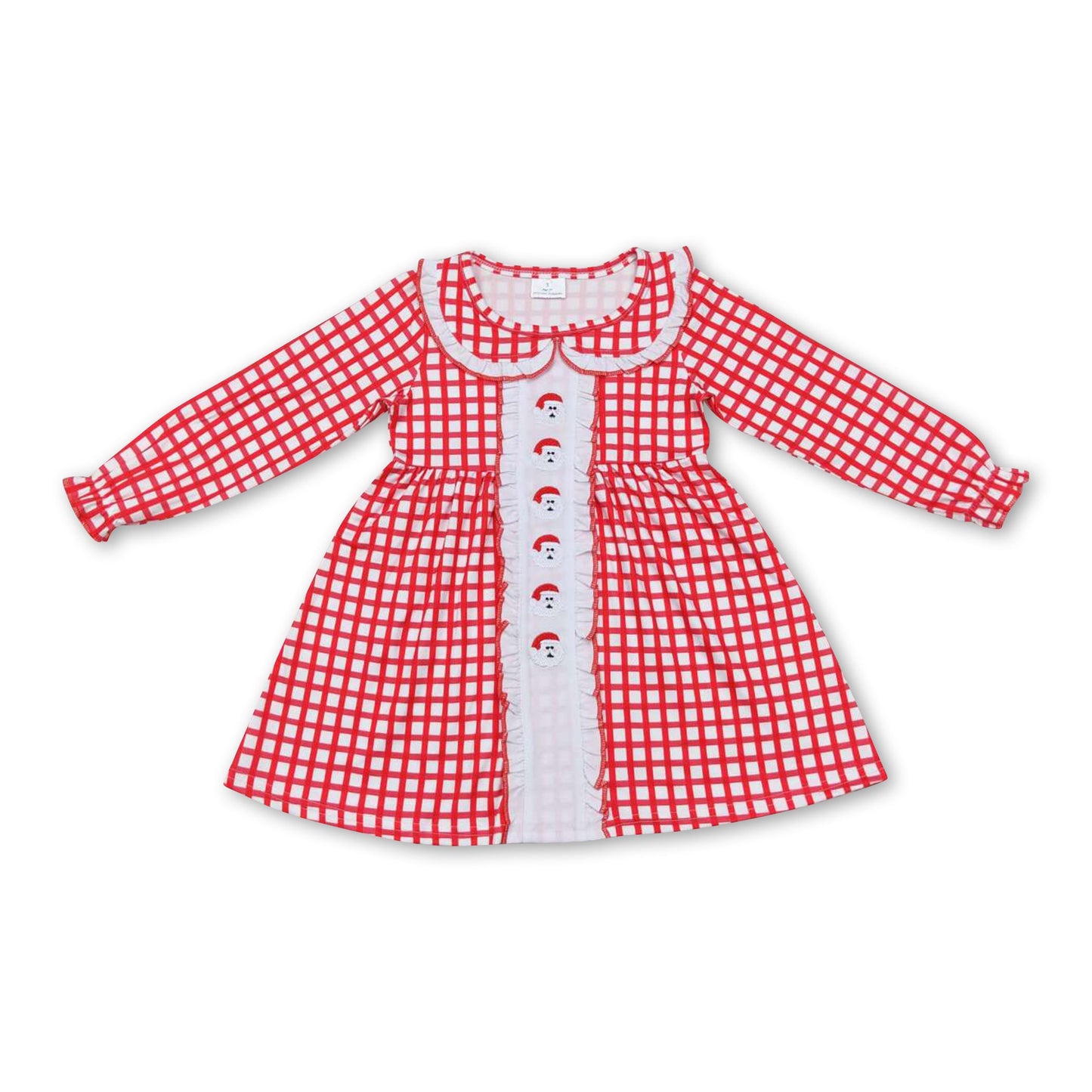 Long sleeves red plaid santa kids girls Christmas dress