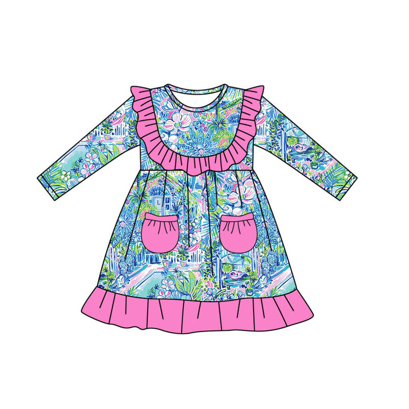 Pink ruffle watercolor blue floral pockets girls dress