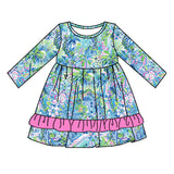 Long sleeves ruffle watercolor blue floral girls dresses