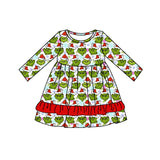 Snowflake green face red ruffle girls Christmas dresses