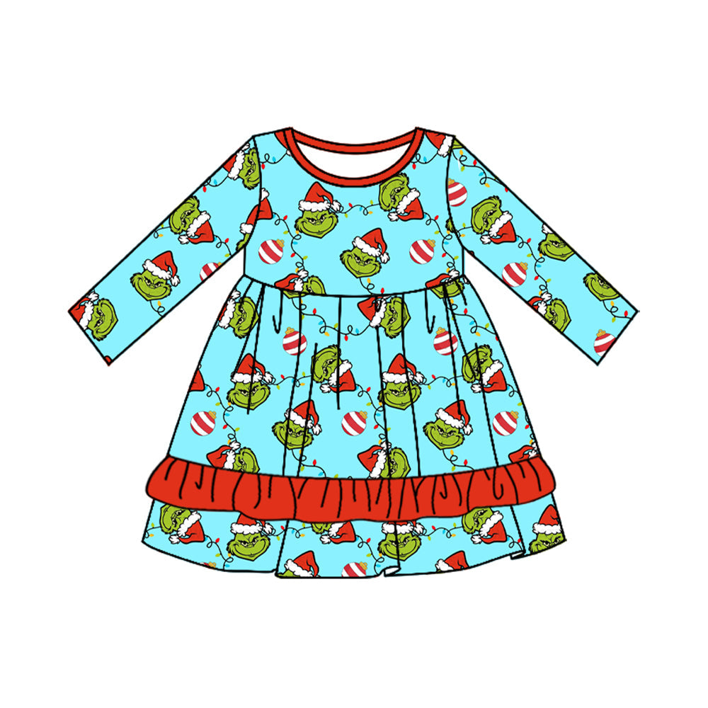 Christmas lighting green face red ruffle girls dresses
