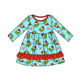 Christmas lighting green face red ruffle girls dresses
