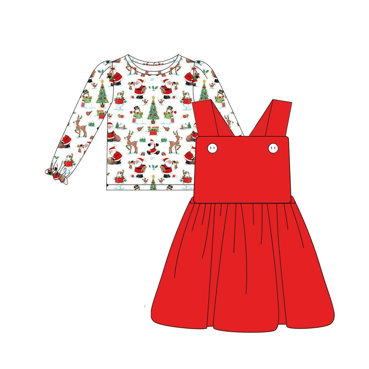 Santa deer Christmas tree top red suspender skirt girls clothes