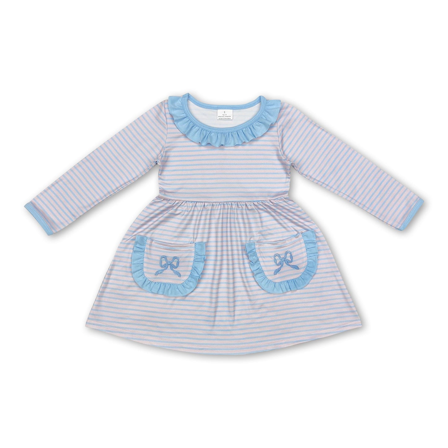 Light blue bow pockets pink stripe baby girls dresses