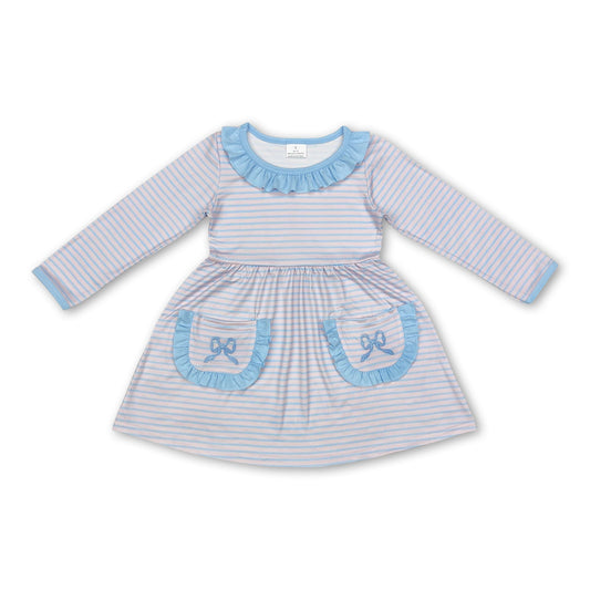 Light blue bow pockets pink stripe baby girls dresses