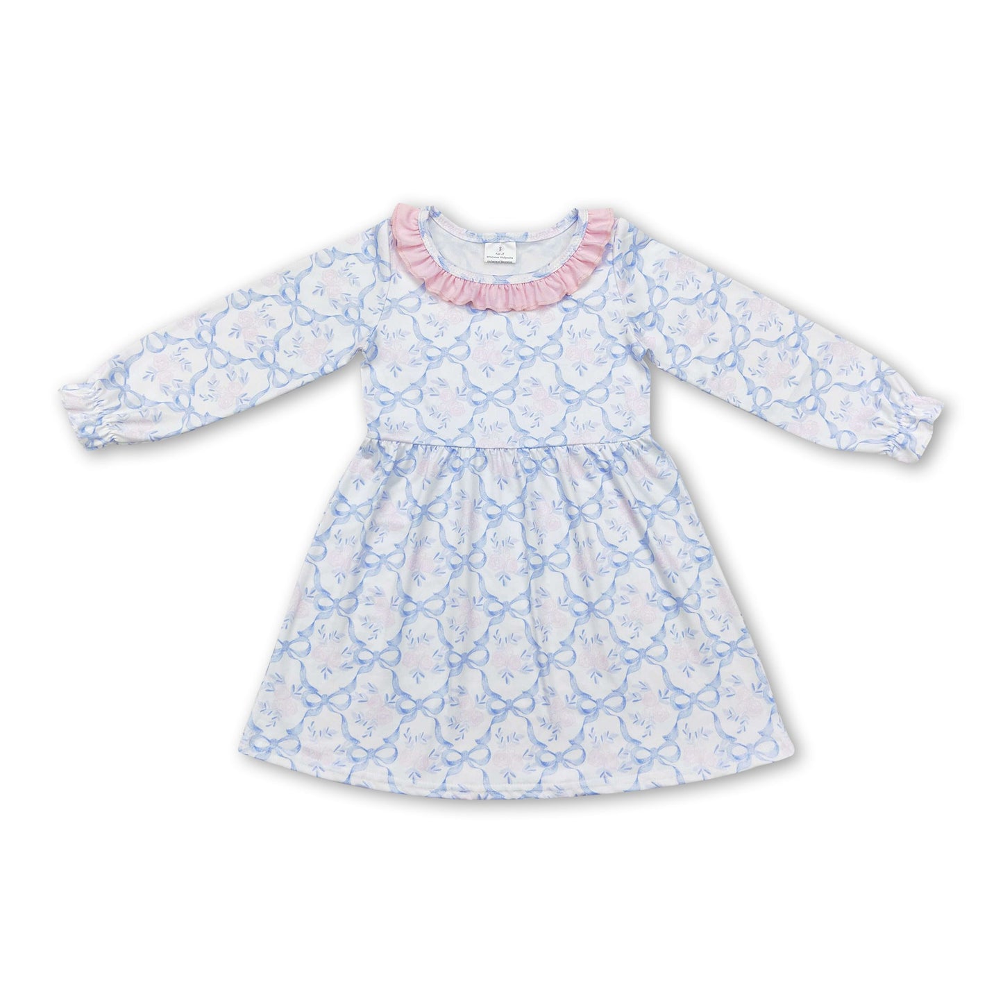 Pink ruffle collar light blue bow kids girls dresses