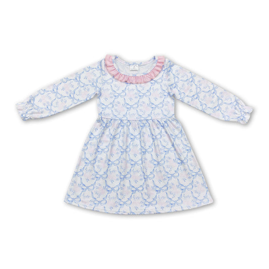 Pink ruffle collar light blue bow kids girls dresses