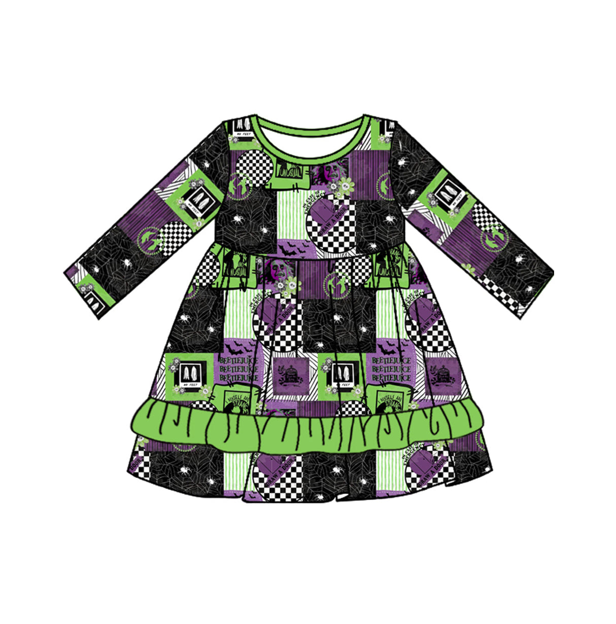 Green ruffle long sleeves bat patchwork girls Halloween dress