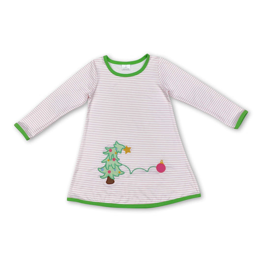 Pink stripe long sleeves Christmas tree girls dresses