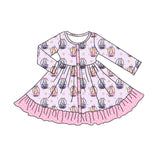 Pink long sleeves pumpkin dog ruffle girls Halloween dresses