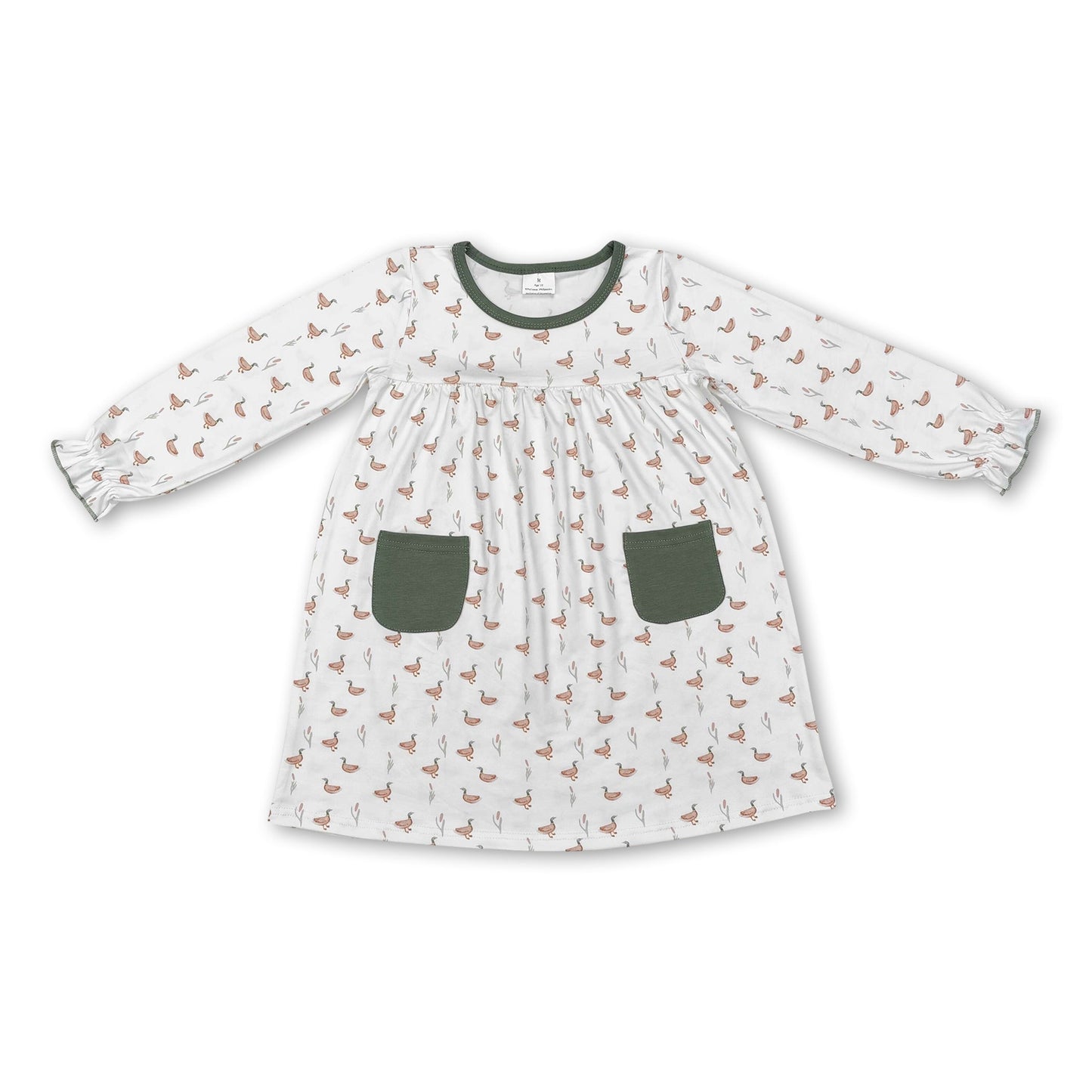 Long sleeves olive pocket duck baby girls dresses