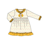 Long sleeves yellow polka dots turkey girls Thanksgiving dress