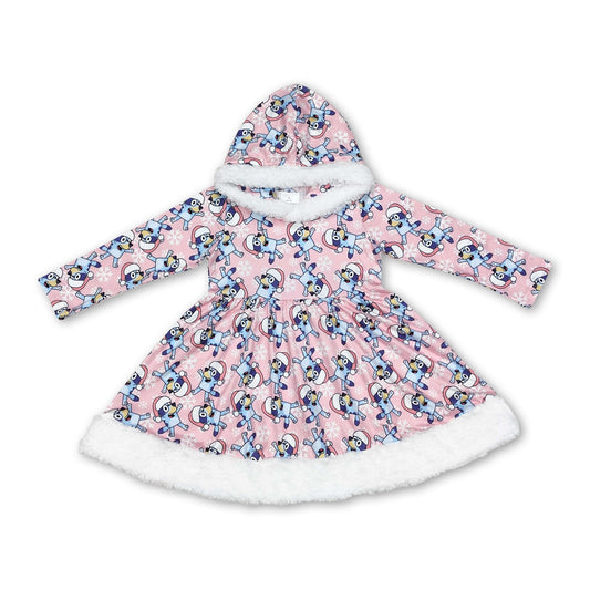 Pink dog Christmas hat kids girls hooded dresses