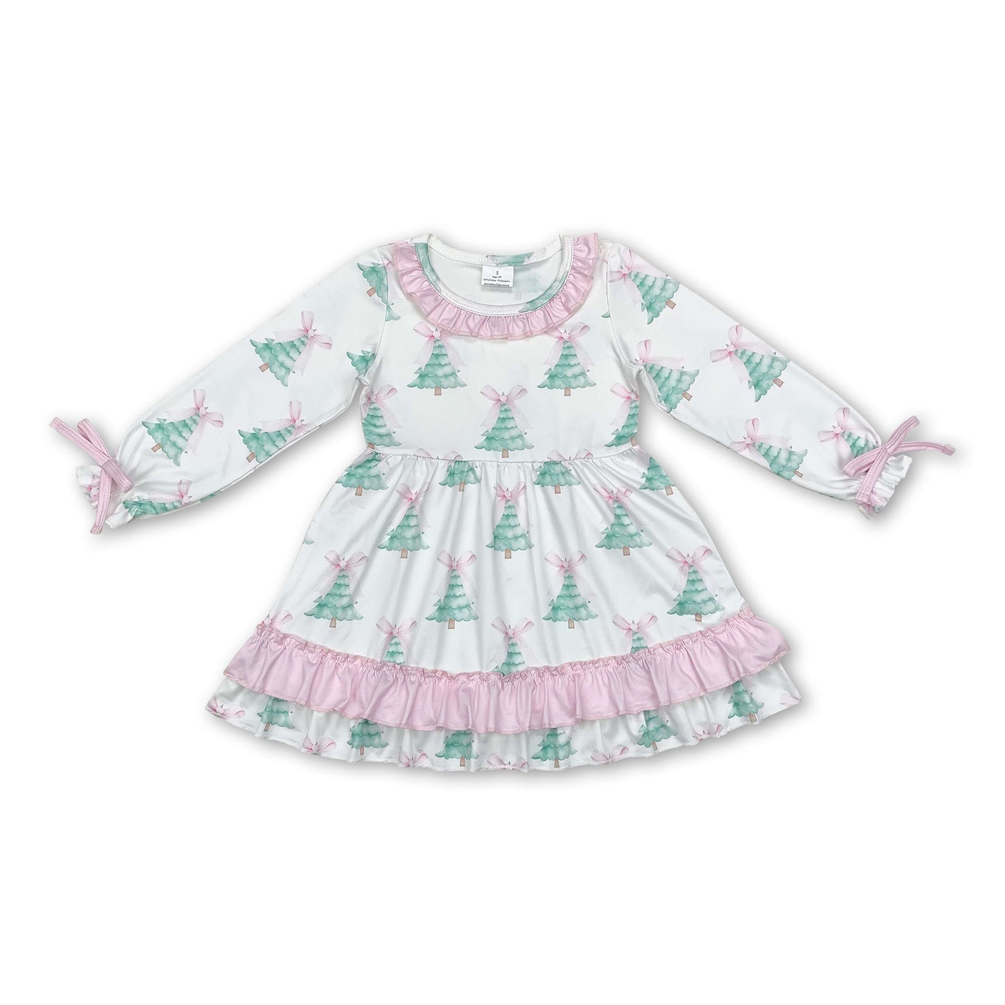 Long sleeves pink bow Christmas tree baby girls dress