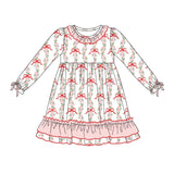 Long sleeves pink bow floral baby girls dress