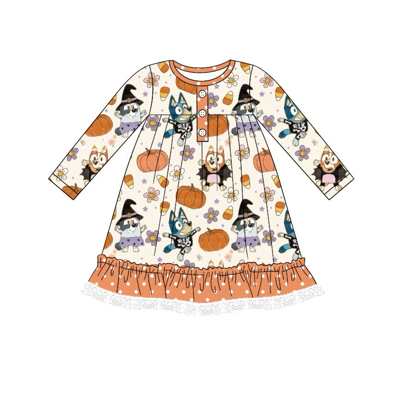 Polka dots pumpkin dog ruffle girls Halloween dresses