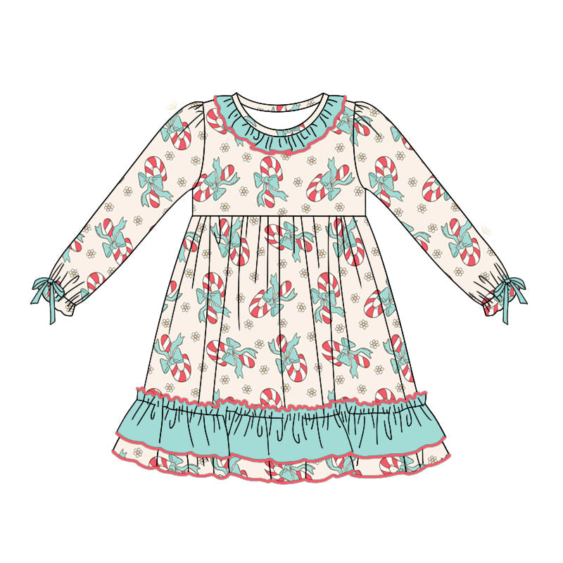 Long sleeves candy cane bow ruffle girls night dress