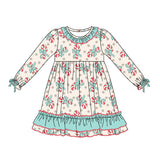 Long sleeves candy cane bow ruffle girls night dress