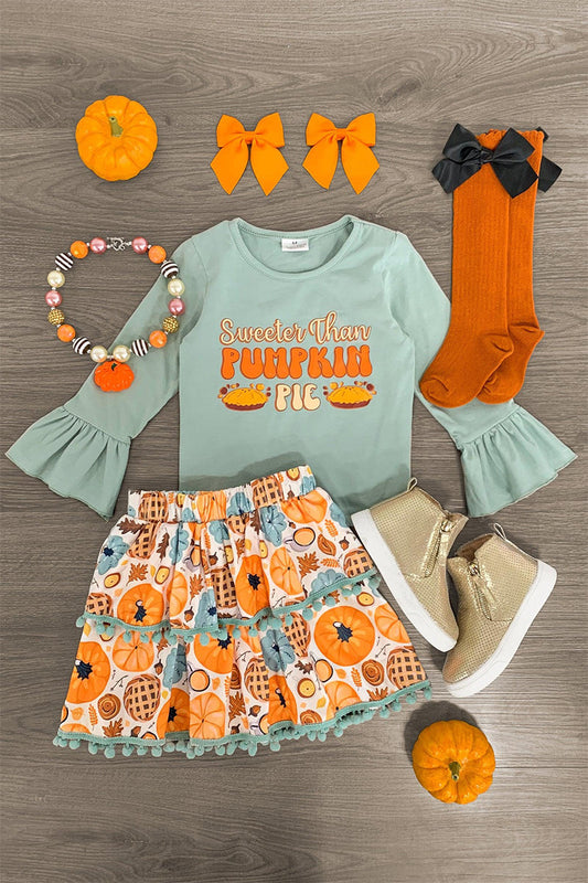 Sweeter than pumpkin pie top skirt girls Thanksgiving set