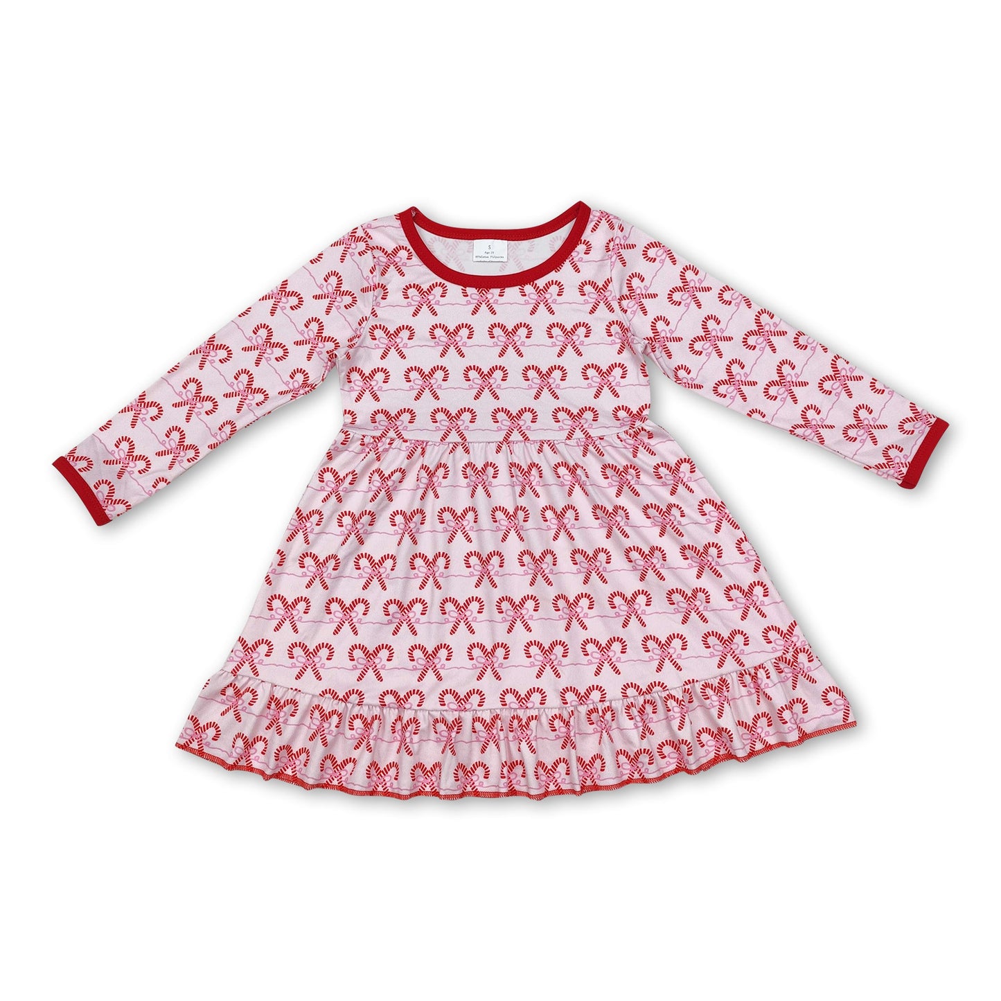 Long sleeves candy cane ruffle girls Christmas dresses