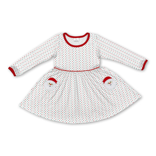 Long sleeves polka dots santa kids girls Christmas dress