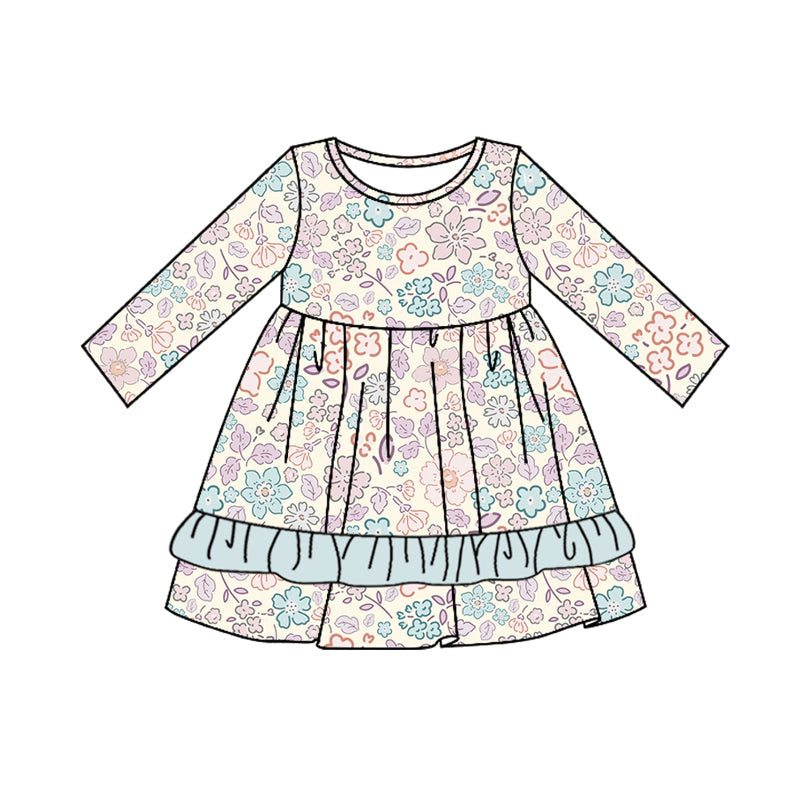 Long sleeves floral ruffle kids girls dresses