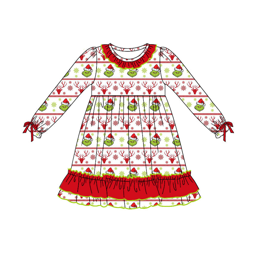 Deer green face long sleeves girls Christmas dresses