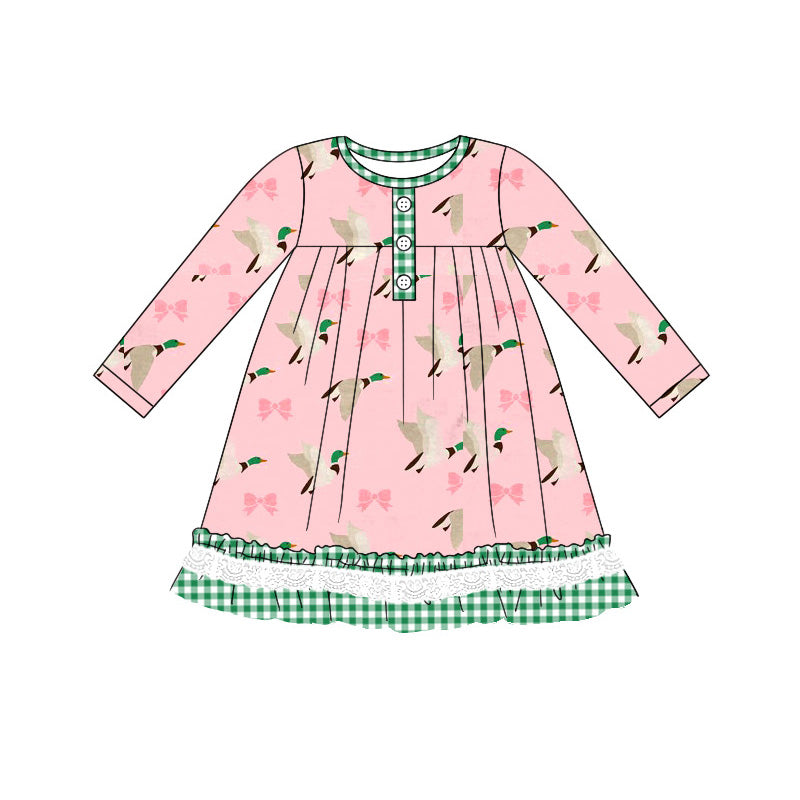 Plaid pink bow duck ruffle kids girls dresses
