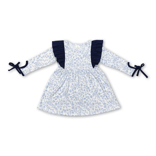 Navy flutter sleeves floral kids girls dresses