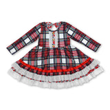 Long sleeves plaid floral ruffle girls Christmas dresses