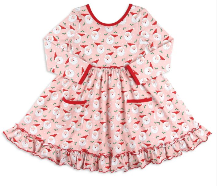 Long sleeves pink santa pockets kids girls Christmas dresses