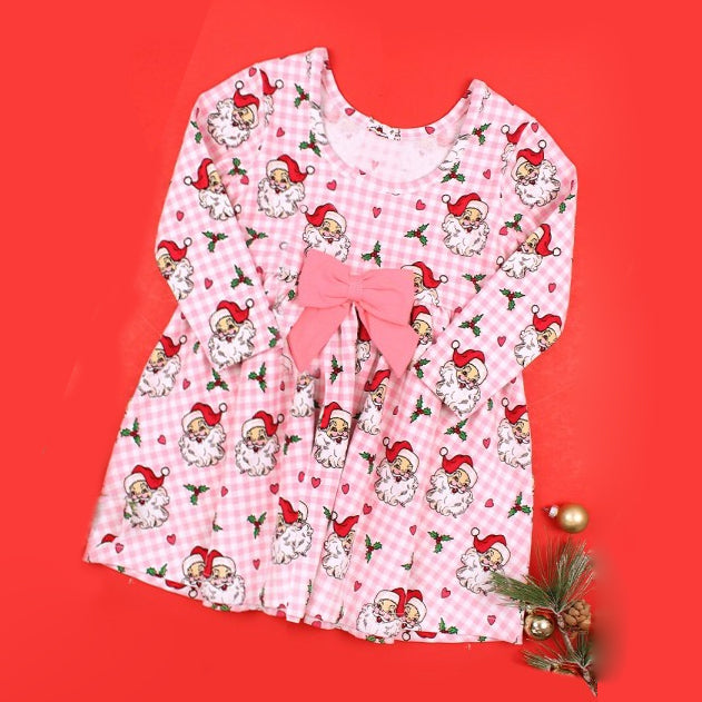 Long sleeves pink plaid santa kids girls Christmas dresses