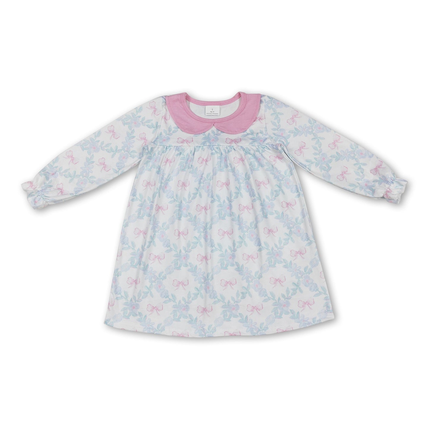 Pink bow floral long sleeves baby girls dresses