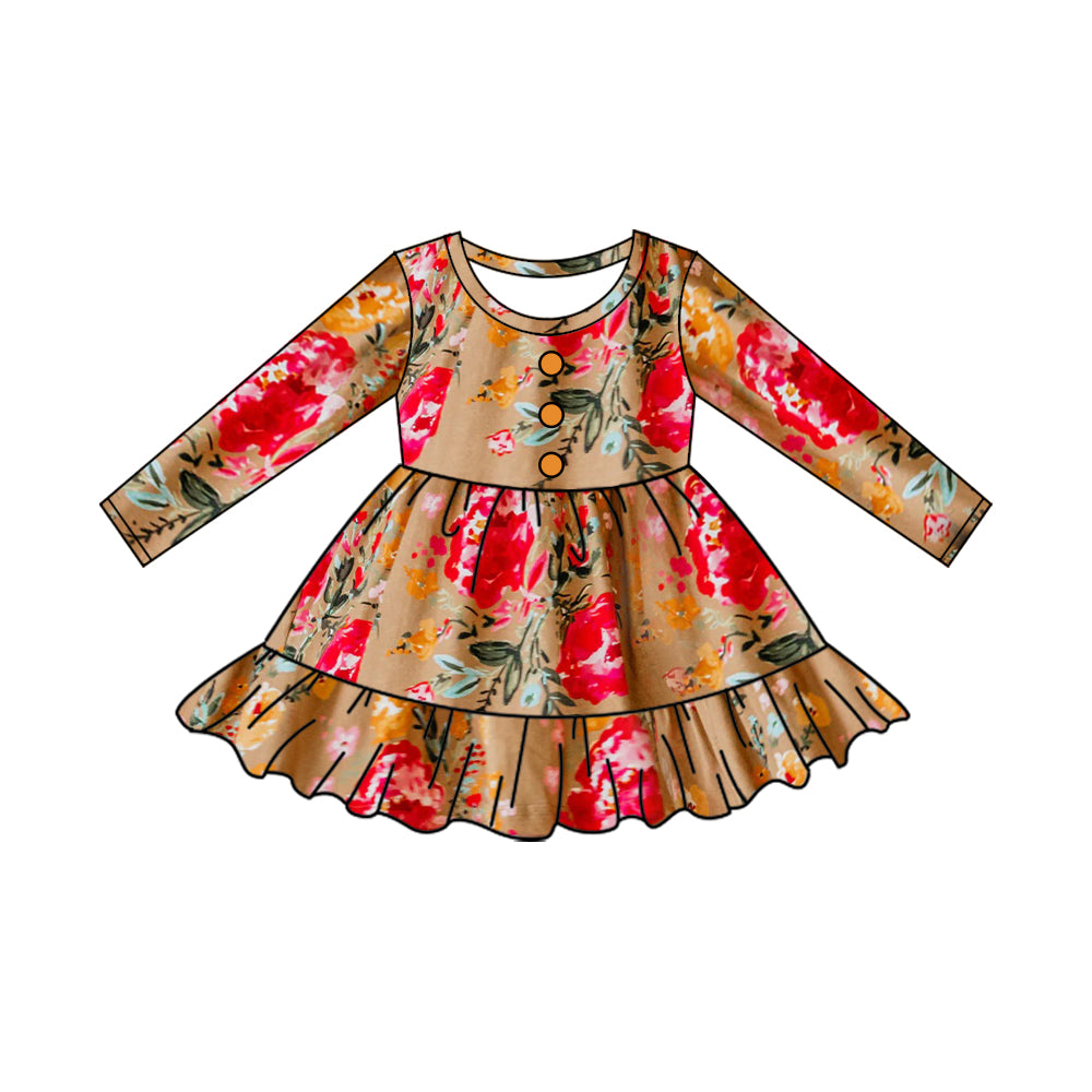 Long sleeves brown red flower baby girls dresses