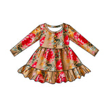 Long sleeves brown red flower baby girls dresses