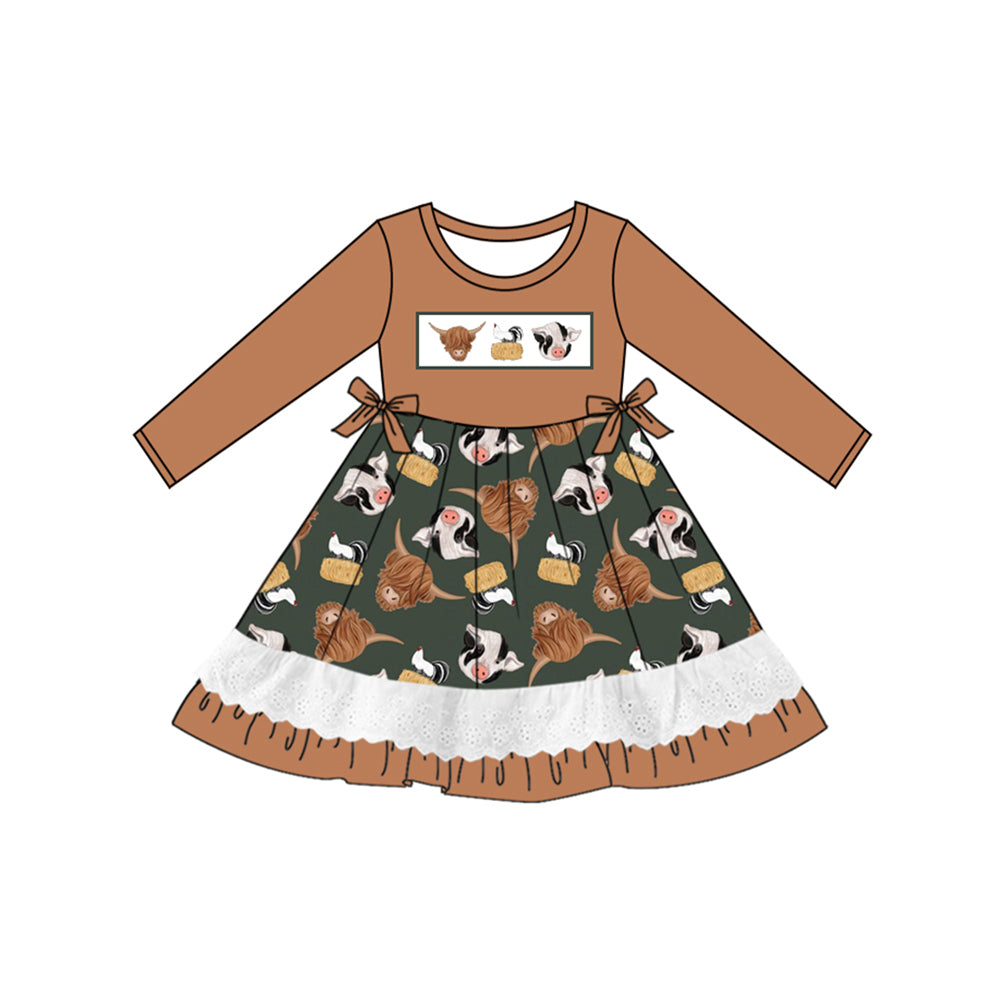 Long sleeves khaki cows chicken baby girls ruffle dress